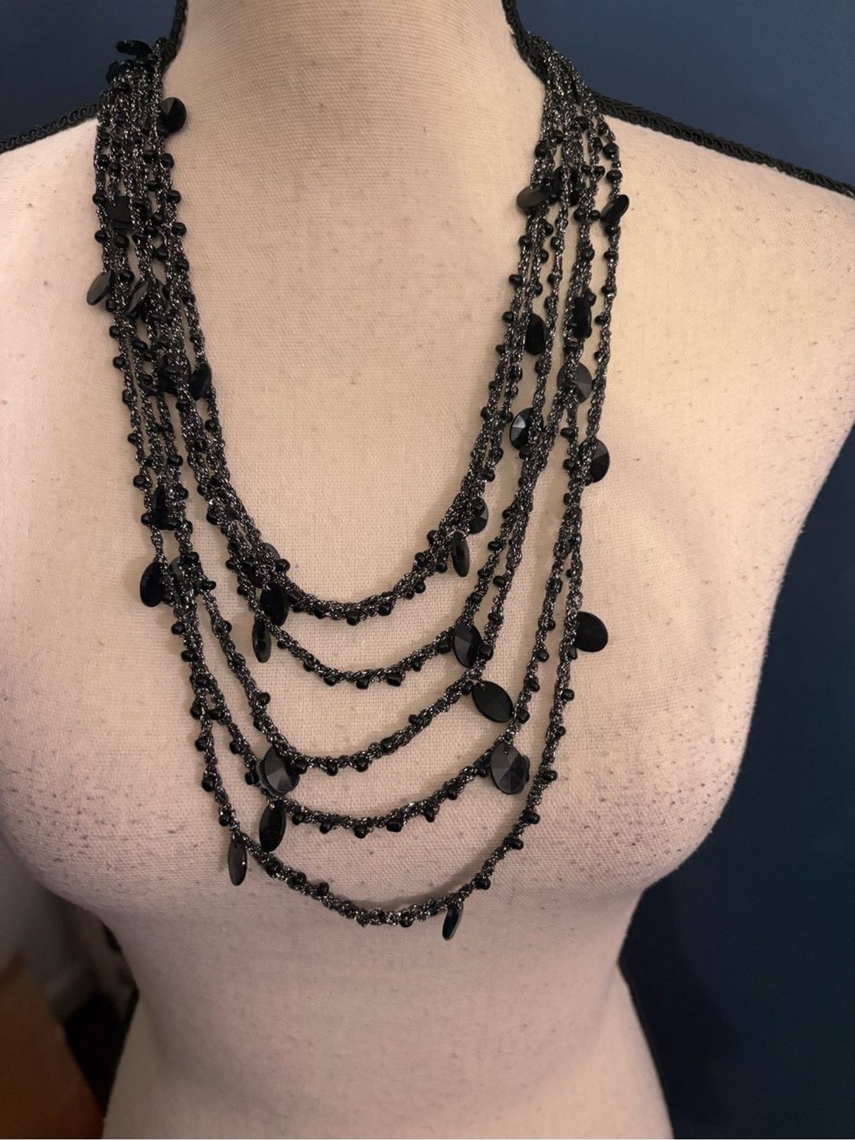 Black Gray Bead Multi Strand String Necklace