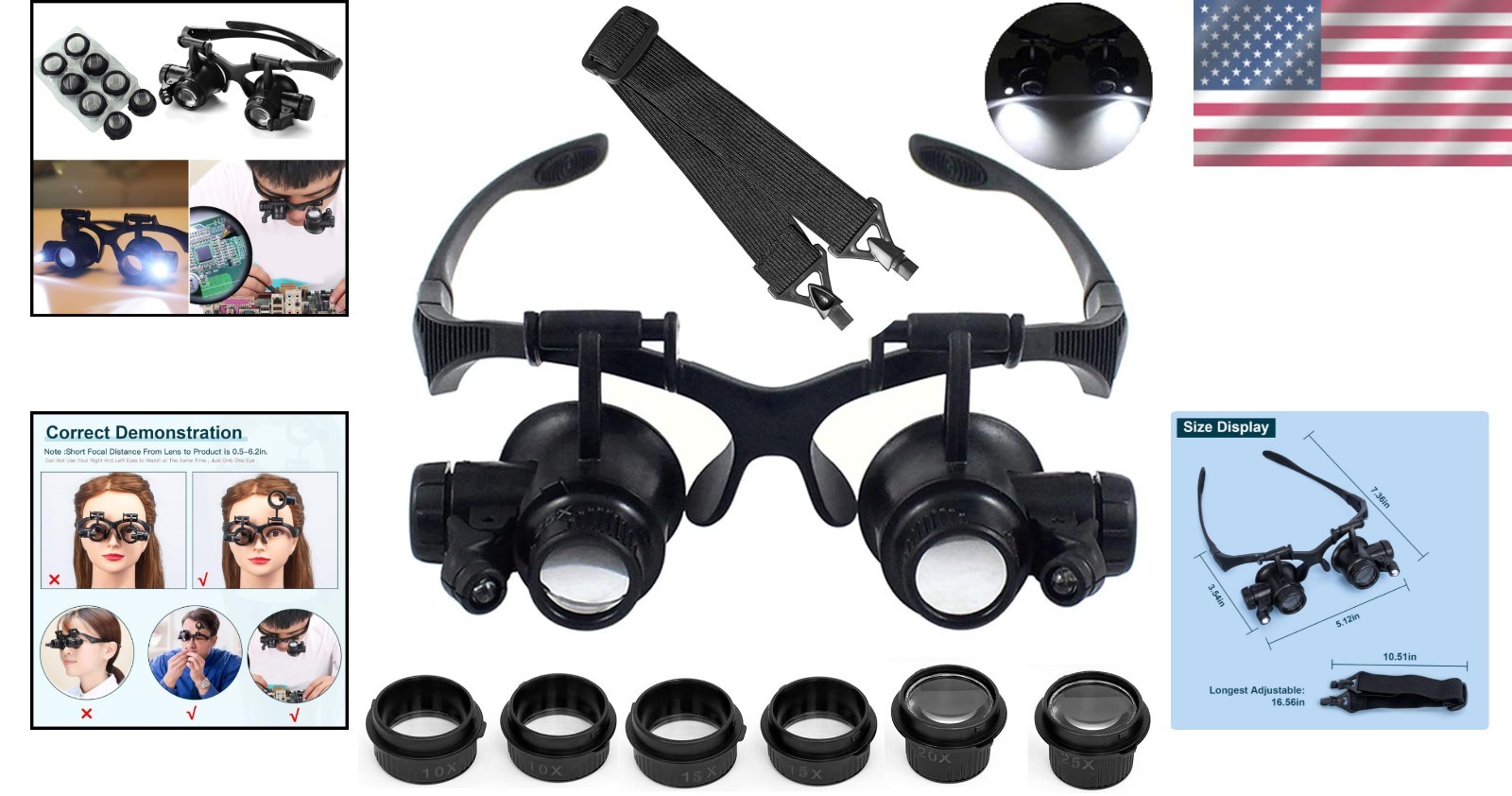 Ergonomic Headband Magnifier with LED Light – Hands-Free 10X-25X Magnification