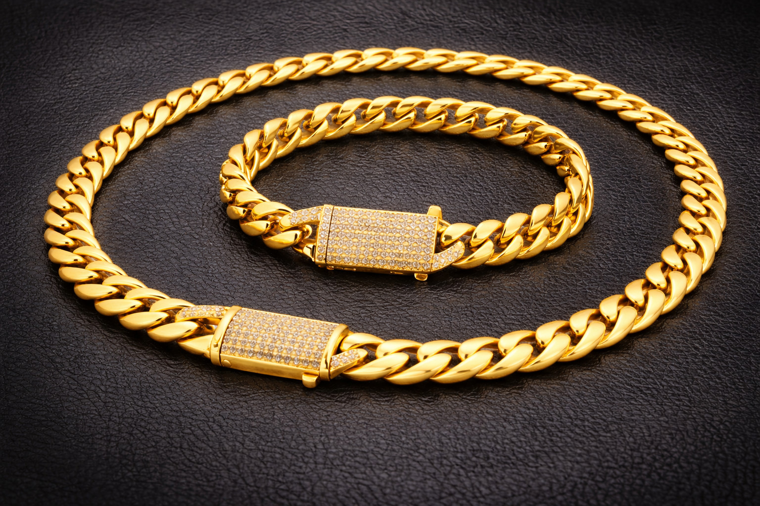 Italian 1/200 14k Yellow Gold Overlay Miami Cuban Iced CZ Chain Bracelet Set in