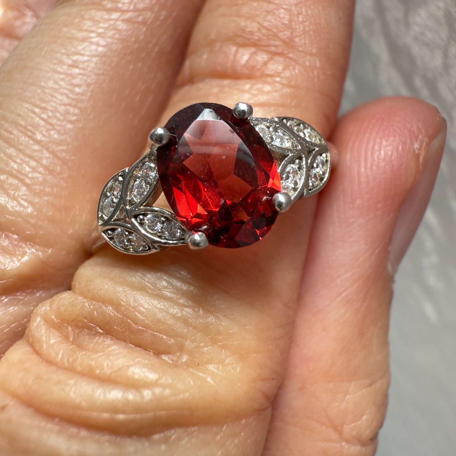 925 Sterling Silver Ring 8x6mm Natural Rhodolite Garnet Gemstone Zircon Flower