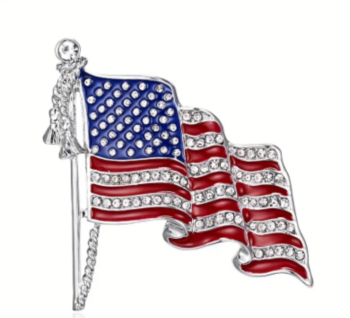 American Flag Brooch Pin Silver Plated Rhinestone & Zinc Alloy Stylish Durable