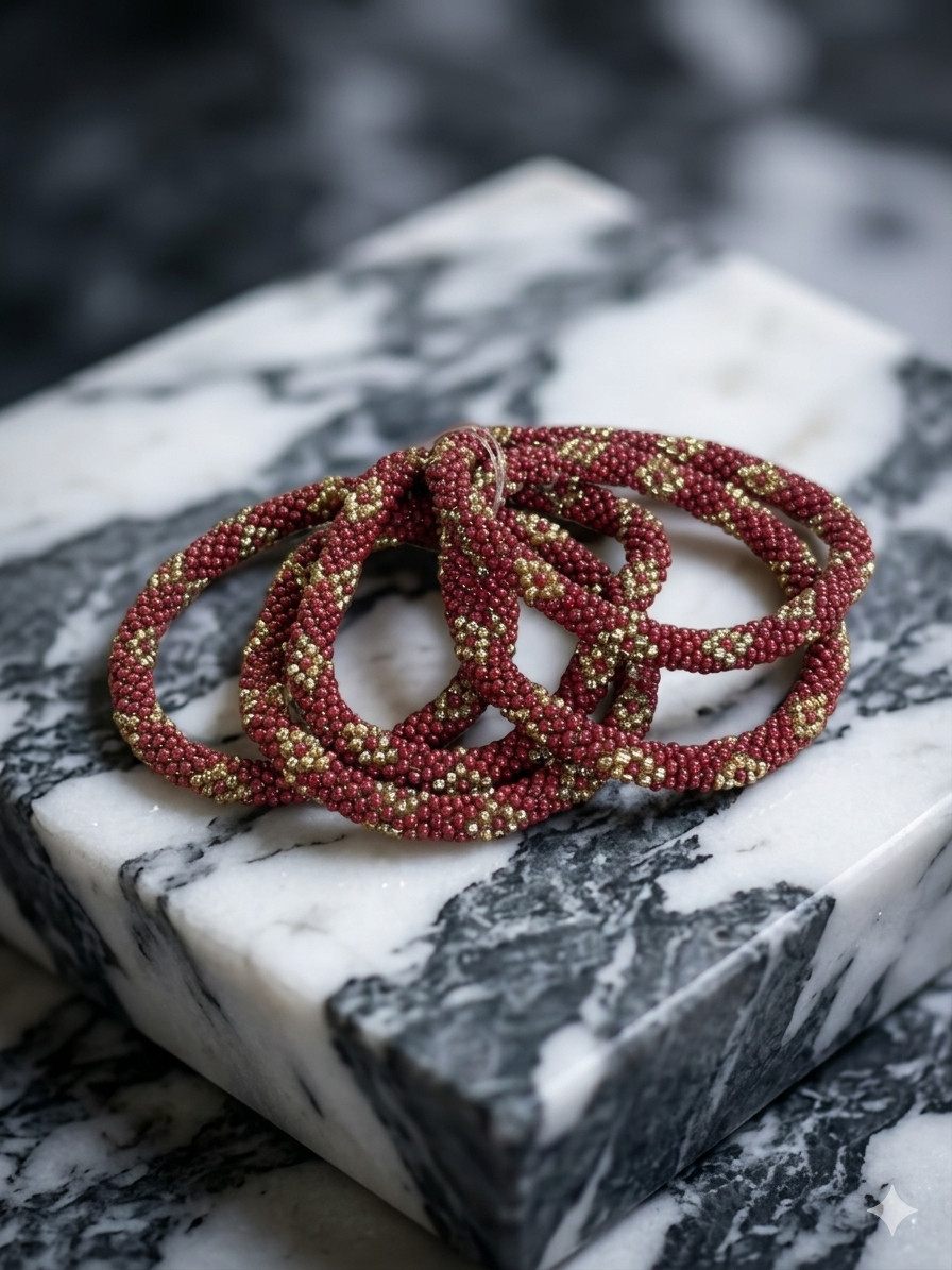 Handcrafted Nepalese Roll-On Seed Bead Bracelets – Burgundy & Gold Spiral