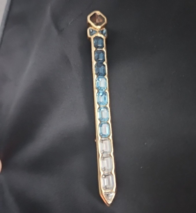 Rare Authentic Vintage Christian Dior Gradient Blue Ombre Rhinestone Bar Brooch
