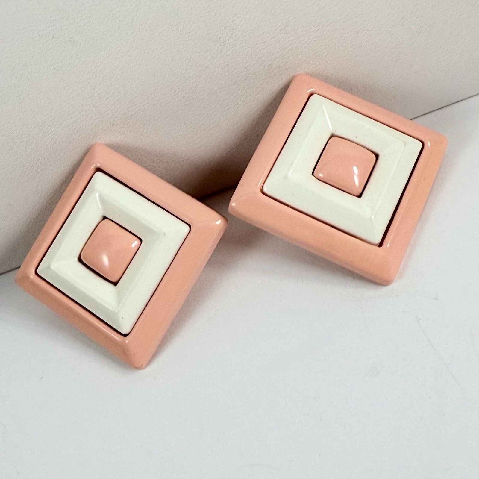 Vintage Pink & White Square Plastic Resin Pierced Earrings