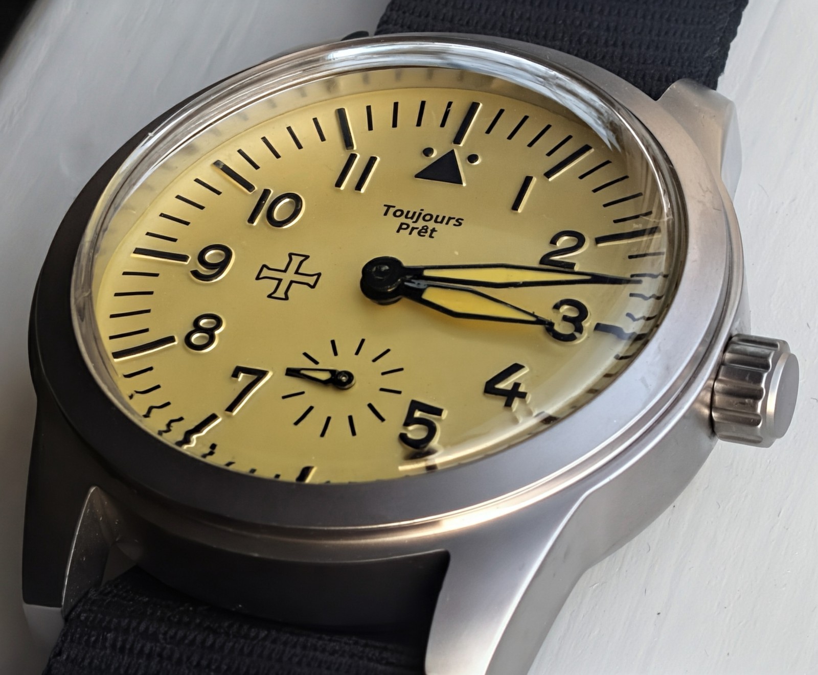 Mechanical military flieger watch Blasted stainless steel Cream 39mm