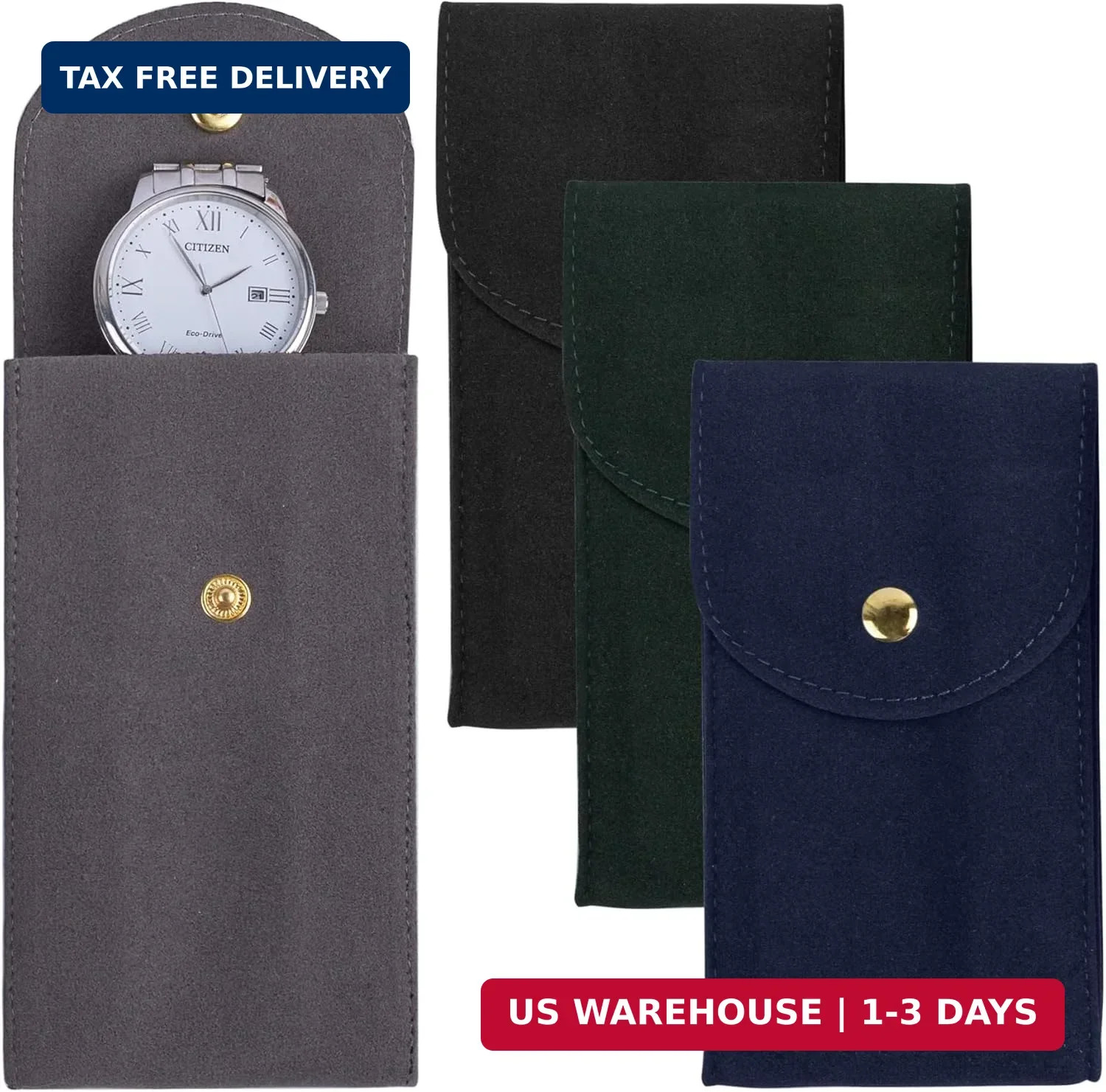 Framendino, 4 Pack Velvet Watch Pouch with Snap Button Single Portable Travel Ca
