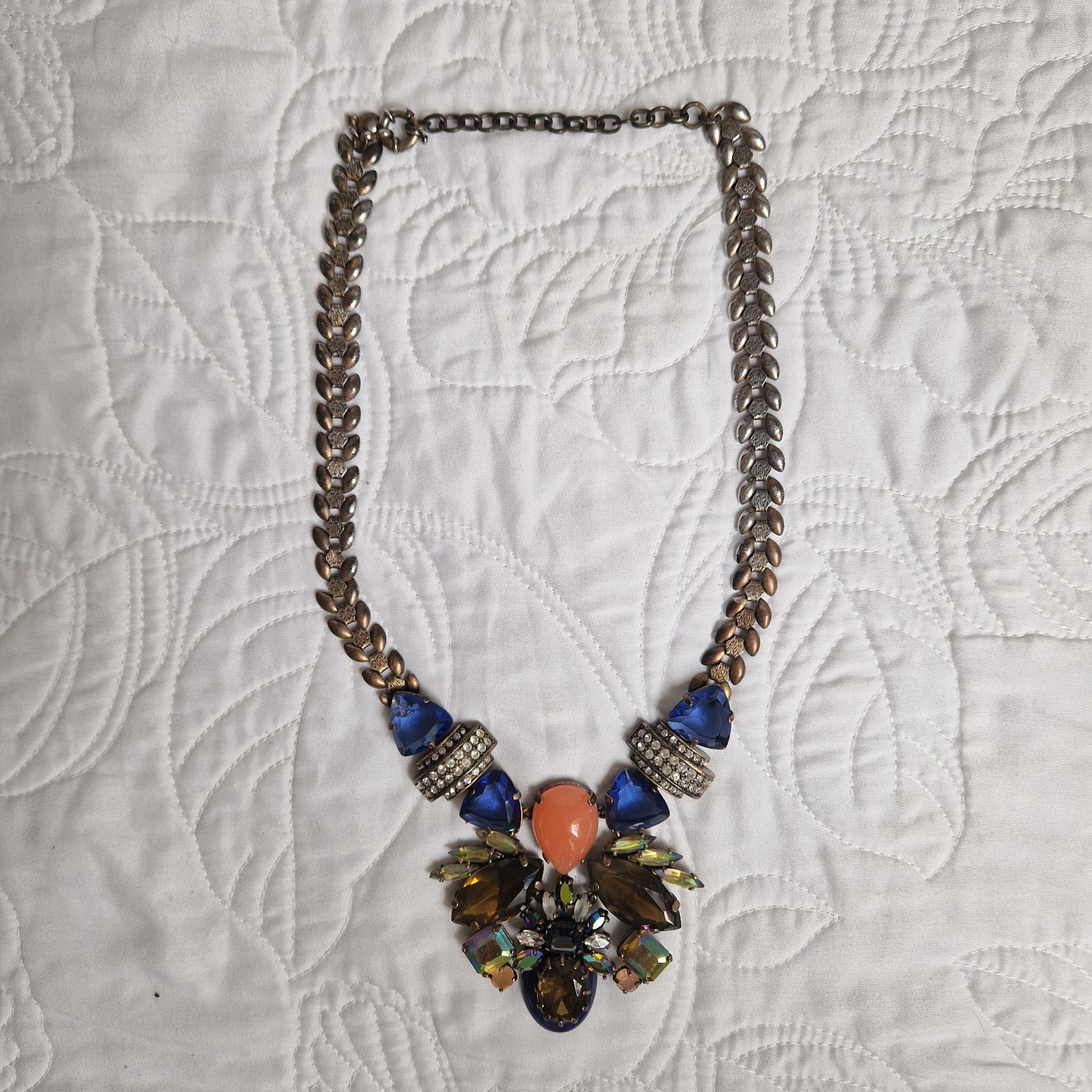 J.Crew Peach, Brown, and Royal Blue Jewel Rhinestone Statement Bib Necklace