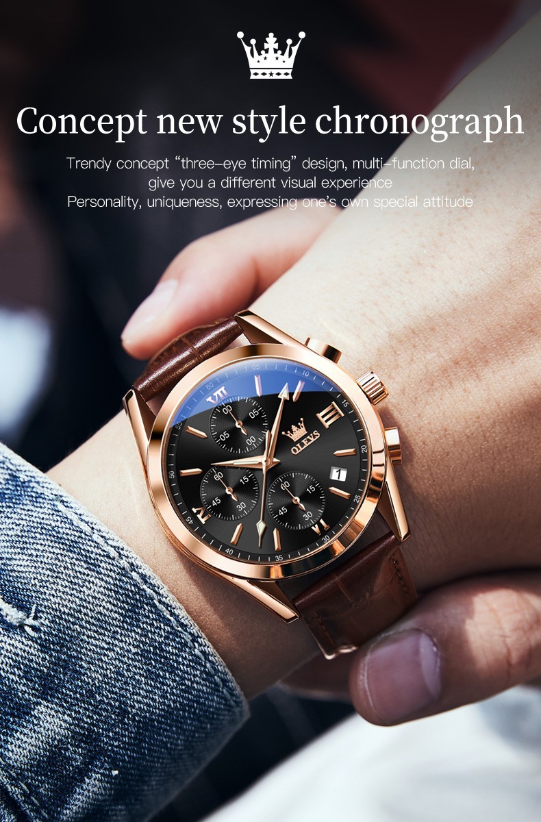 OLEVS 2872 Luminous Multifunctional Male Leather Top Quality Quartz Watches
