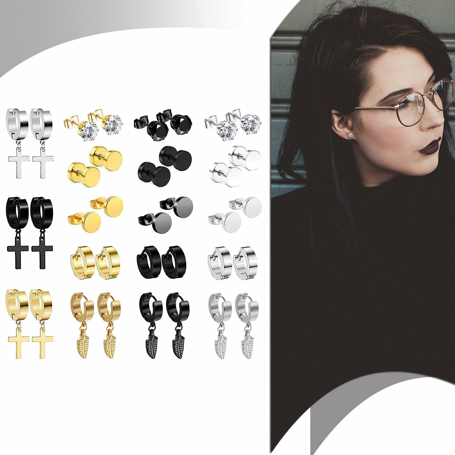 18 Pairs Stainless Steel Huggie Hoop Hinged Stud Earrings Cross Feather Dangle