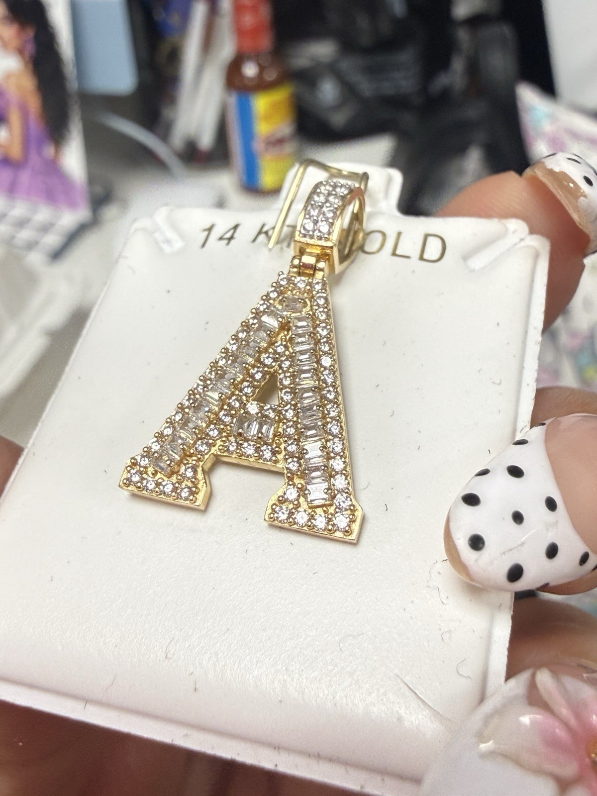 14k Yellow Gold Diamond Pavé Letter A Pendant Charm White/Colorless Baguette