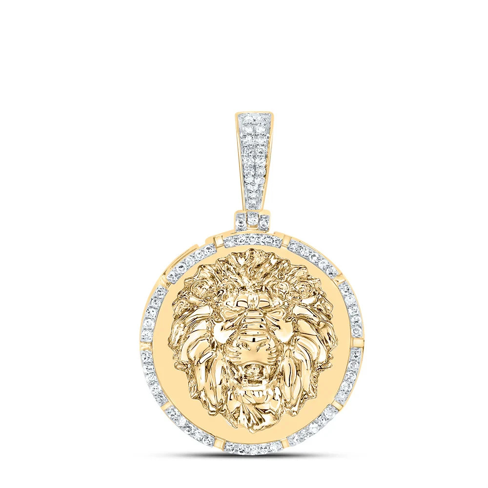 10k Yellow Gold Genuine Diamond Lion Face Round Pendant Men’s Charm 1/4 CTW