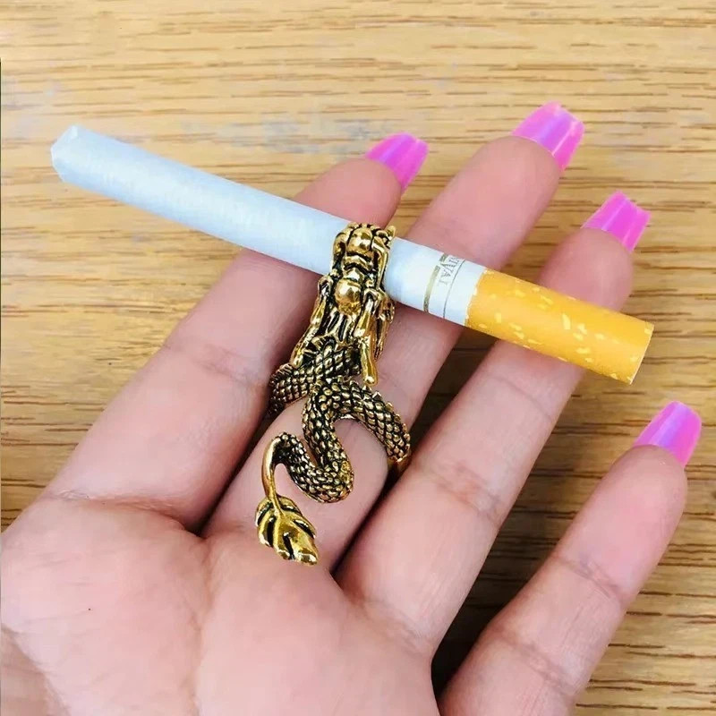 Retro Punk Dragon Cigarette Holder Ring for Men Women Bronze Adjustable Ring New
