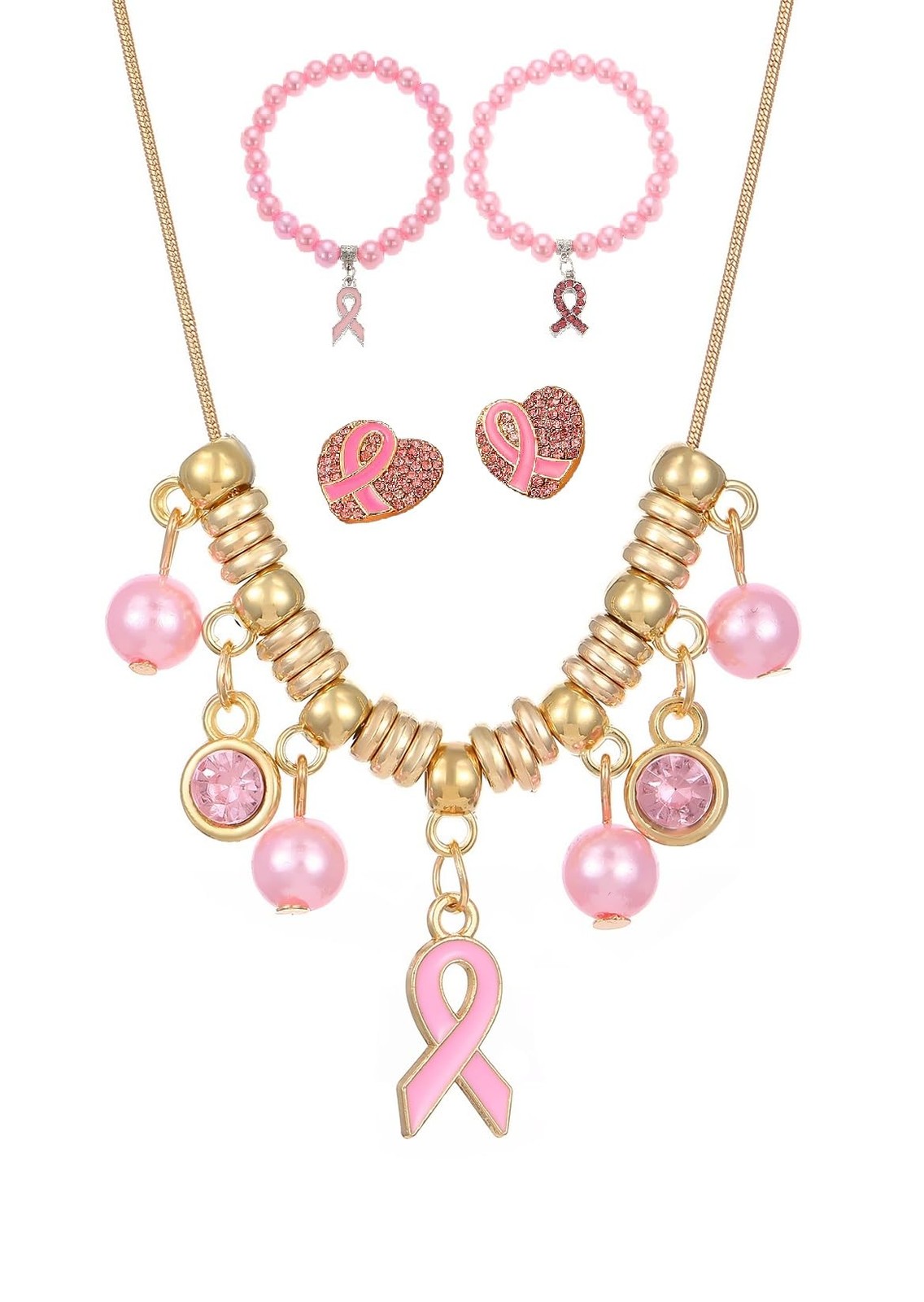KZL Breast Cancer Awareness Necklace Bracelet Earrings for Women Sparkling Cr…