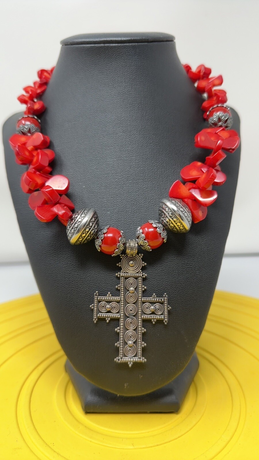 Sterling Silver Cross On A Red Coral Bead Necklace 114 Grams 17 Inch
