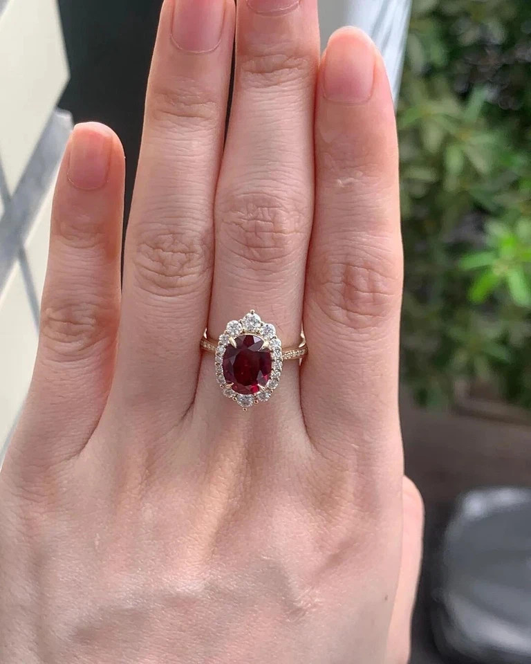 3.17 Ct Oval Cut Ruby &Diamond Wedding Engagement Ring 14K Solid Yellow Gold