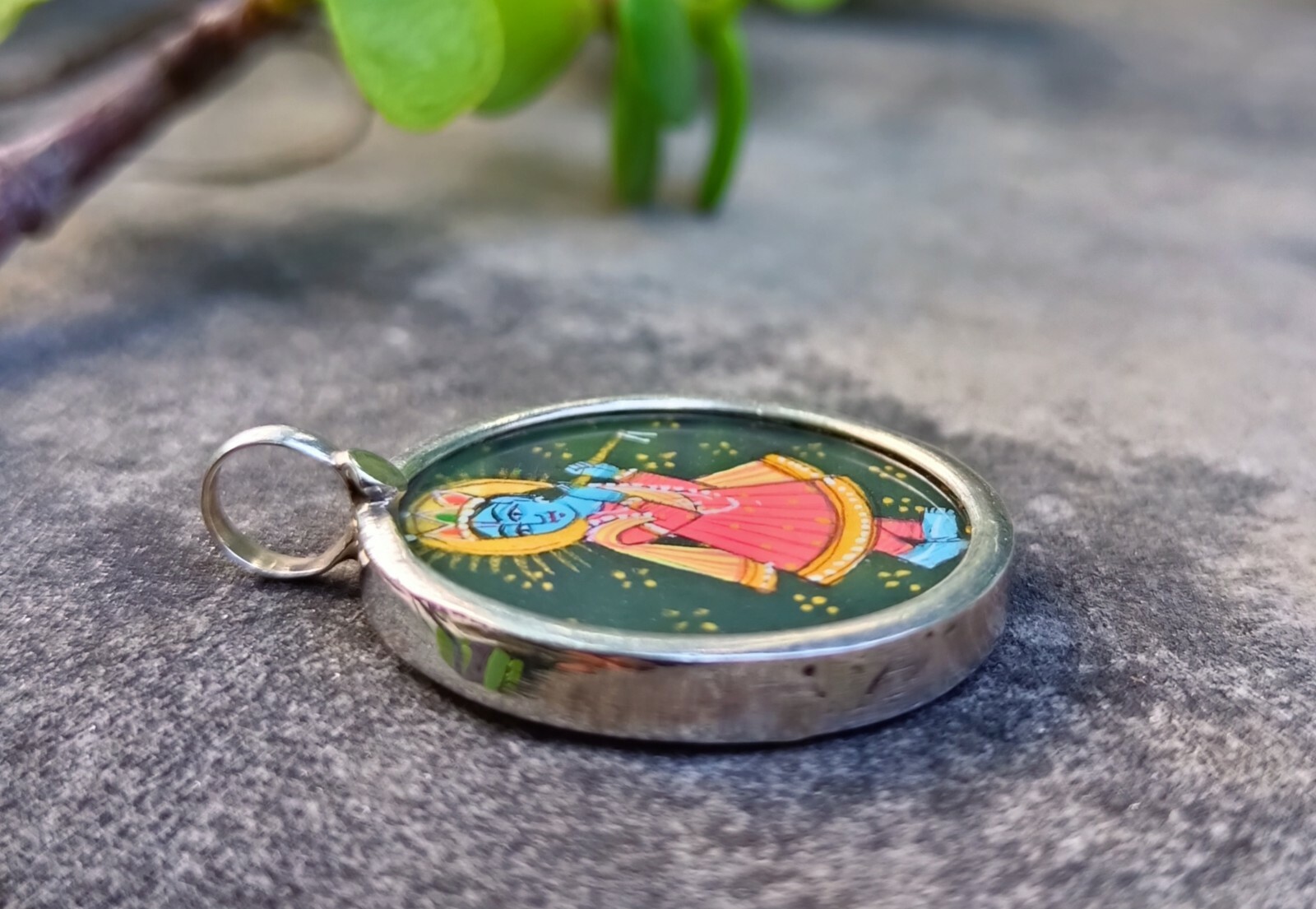 Handmade Hand Painted 925 Sterling Silver Miniature Krishna Pendant 23X30mm #30