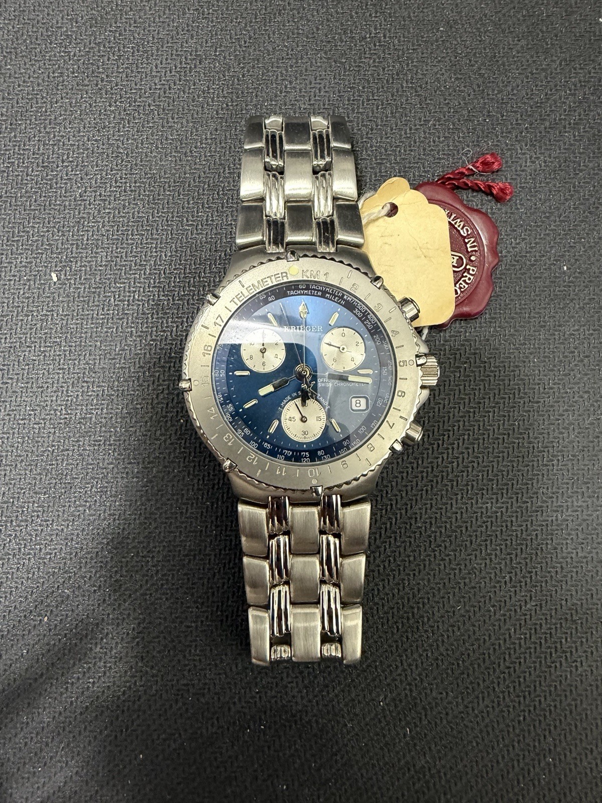 Krieger 7750 Marine Chronograph Blue Dial NOS Box Papers Swiss Chronom