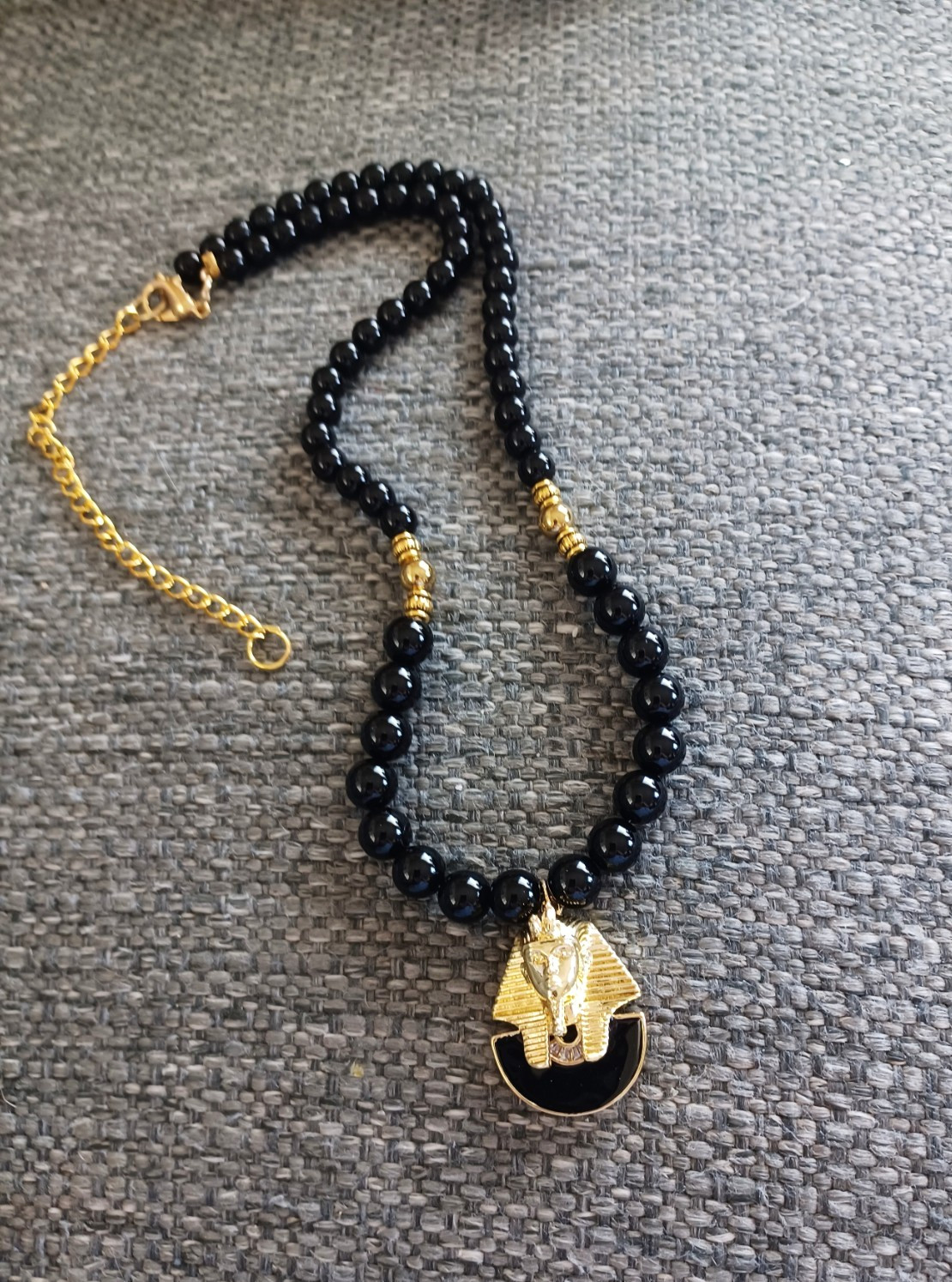 Sphinx beaded Necklace, Egypt Pharoah Pendant Black Agate ~ New Handmade in USA