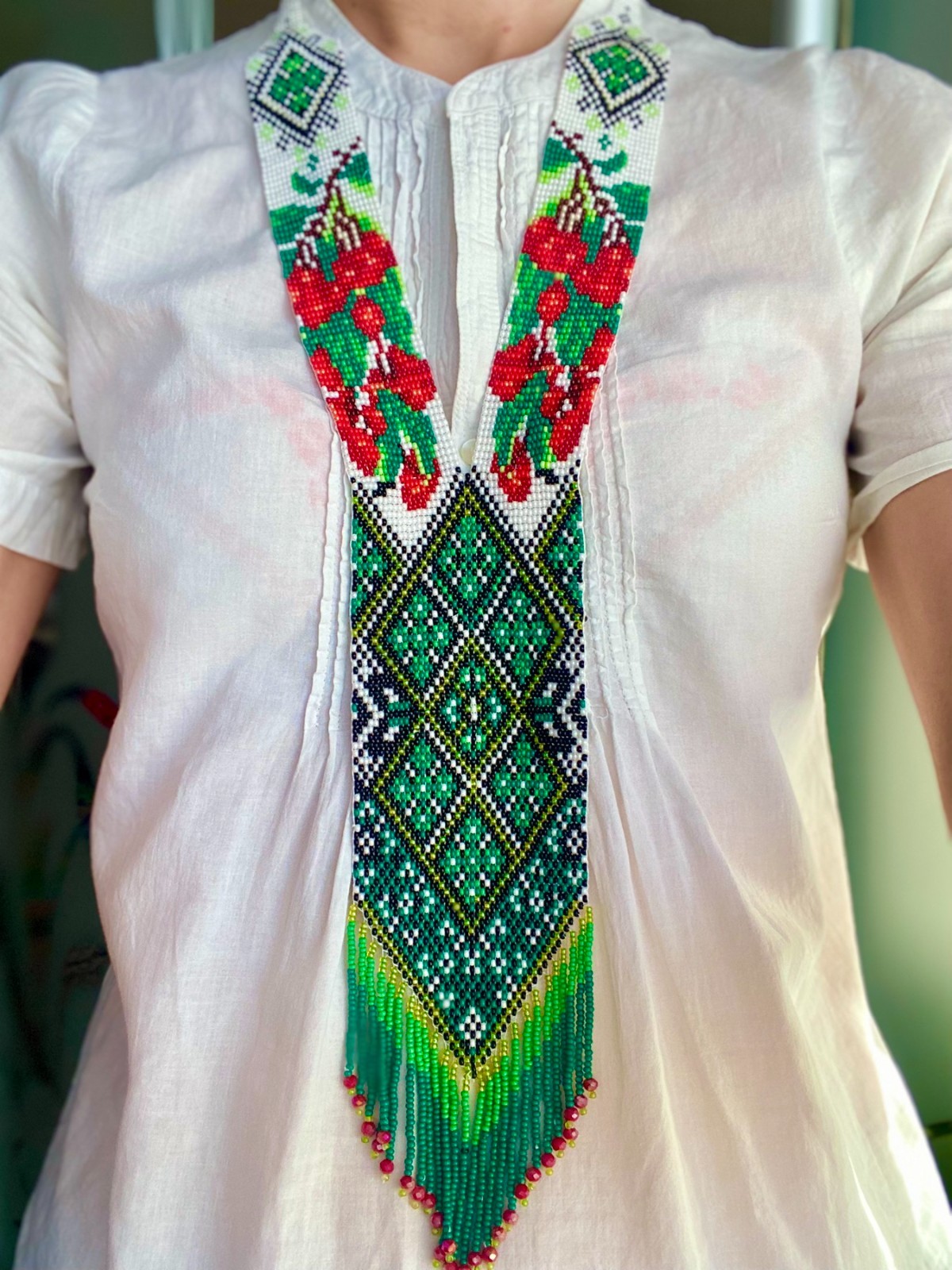 Ukrainian Handmade Beaded Gerdan Necklace Green Folk Boho Jewelry Gift Her