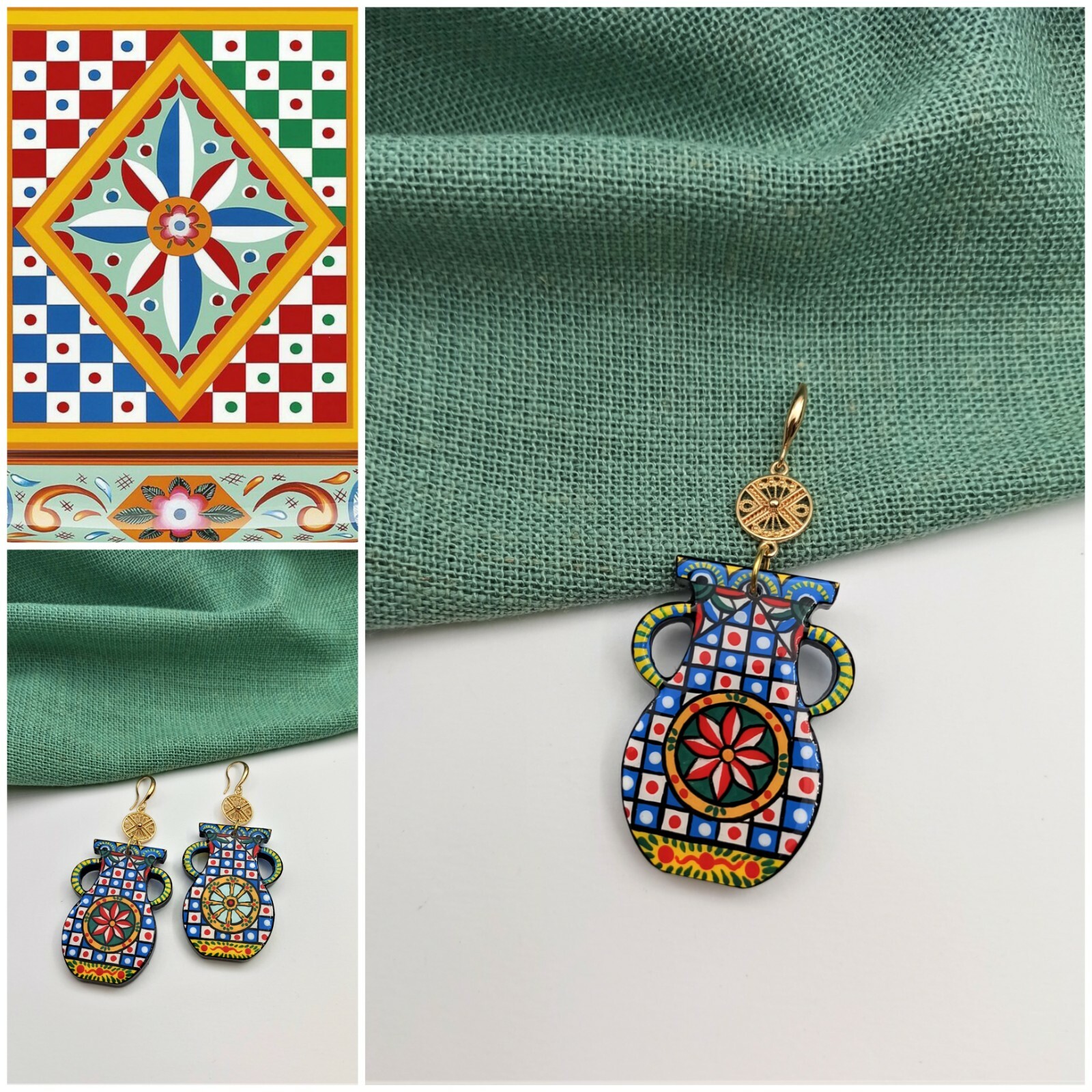 Painted Pottery Vase Wood earrings inspired by Sicilian Folk Caltagirone Art.