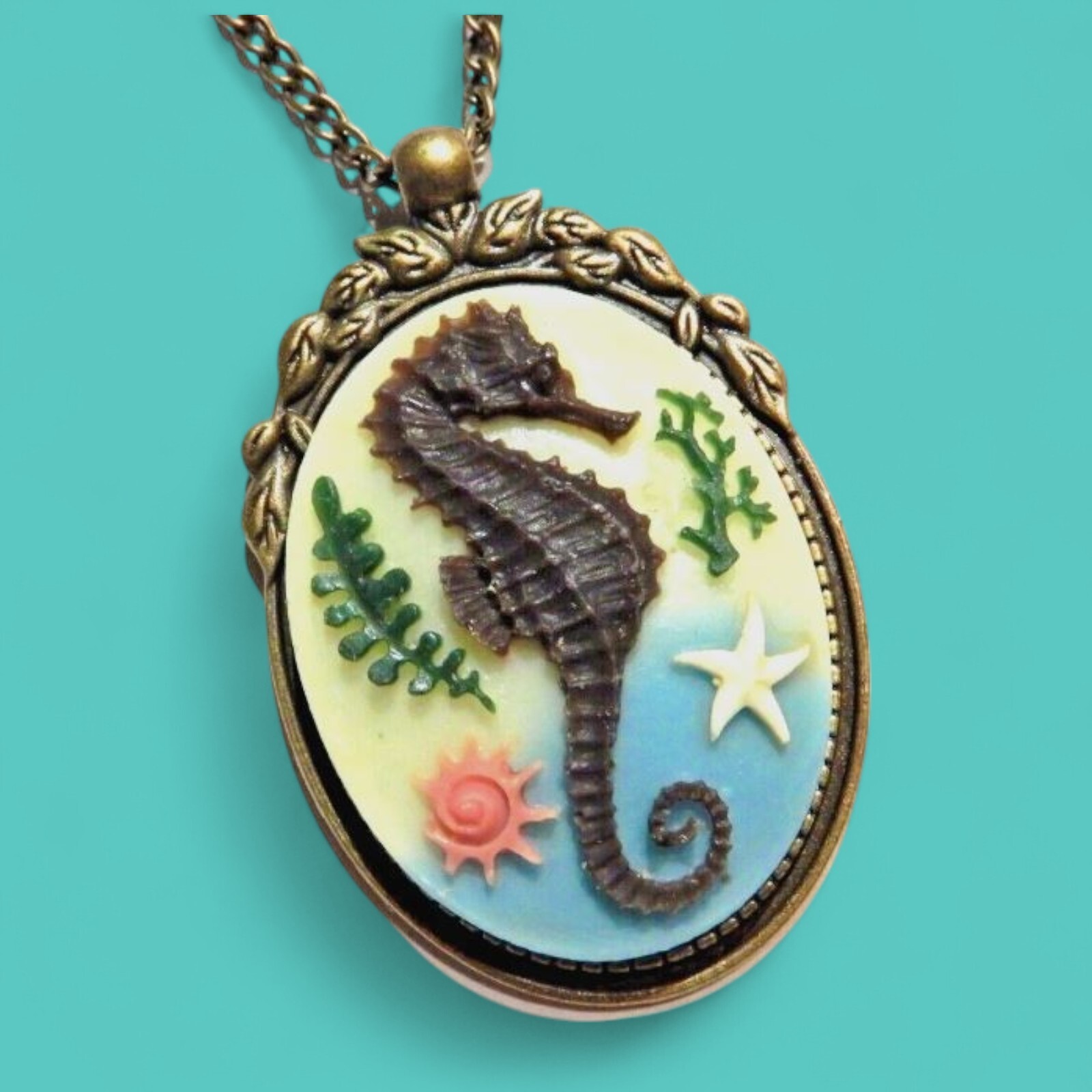 SEA HORSE & SHELLS CAMEO NECKLACE bronze shore beach nautical pendant chain #3D