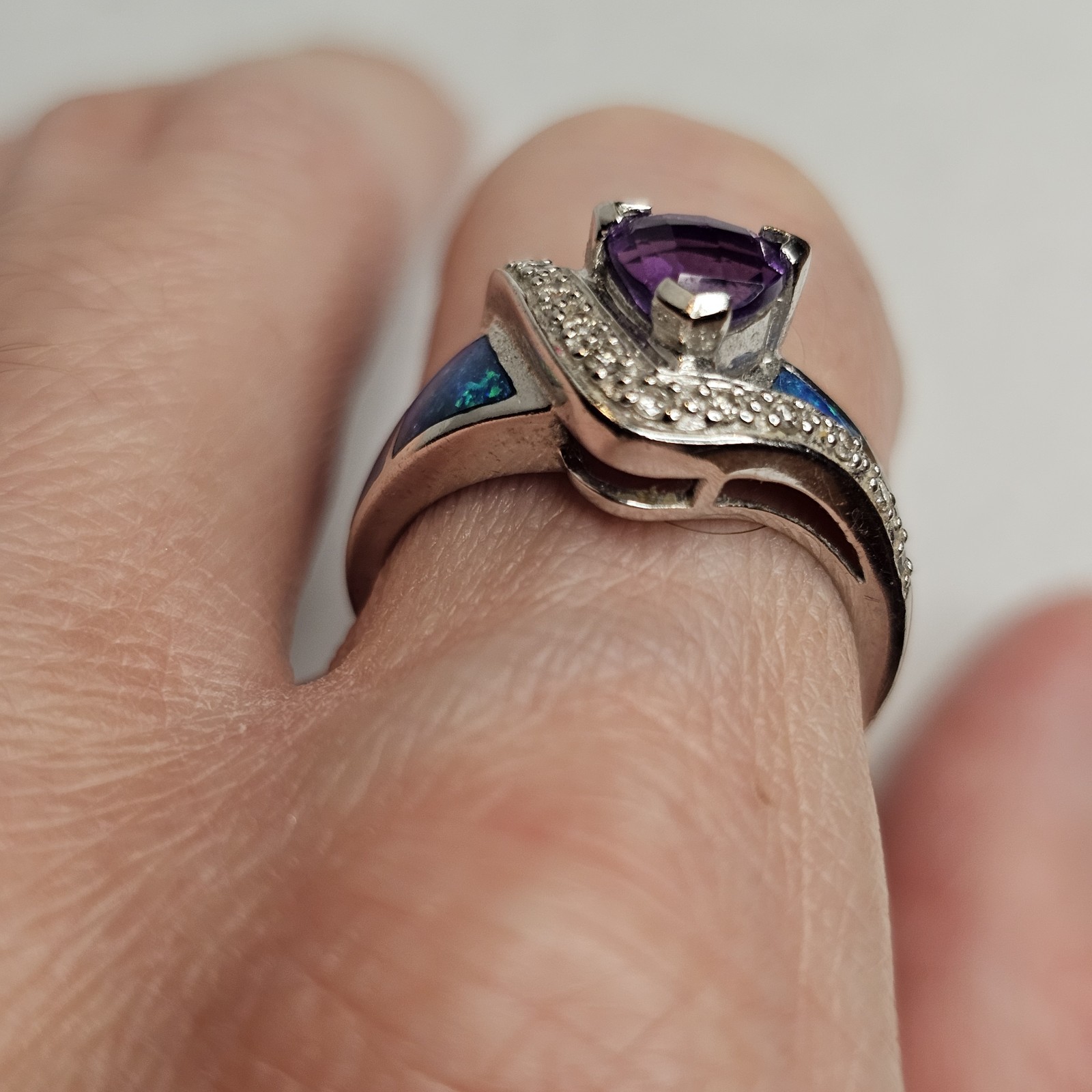 14K White Gold Amethyst Diamond Opal Inlay Ring Designer Style Estate Sz 6.25