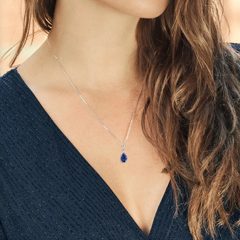 14K White Gold Plated Sapphir &Lab Created Diamond Pendant Necklace For Women
