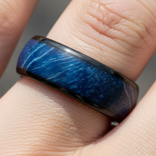 8mm Black IP Domed Ring with Azure Stabilized Wood & Resin Inlay Wedding Band