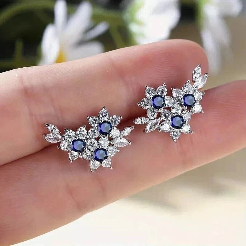 2Ct Round Lab Created Blue Sapphire Stud Earrings Womens 14K White Gold Plated