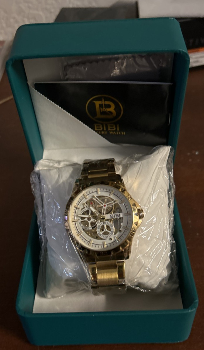 BIBI Automatic Skeleton Watch Gold Tone Stainless Steel NEW w/ Tags Luxury Style