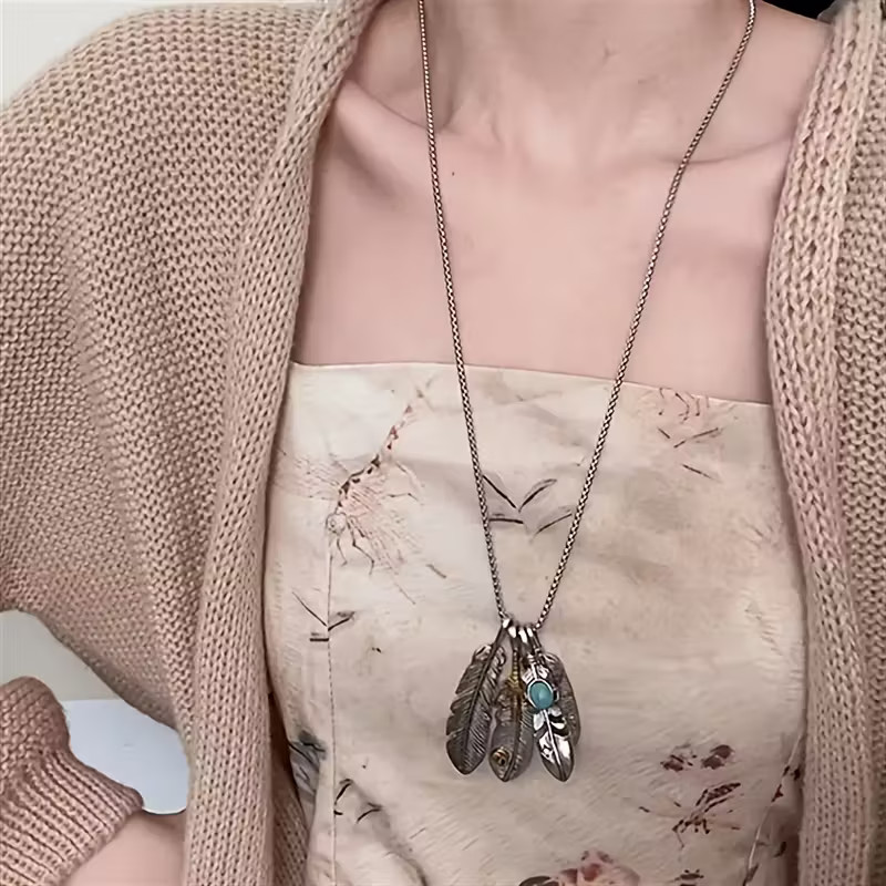 Feathers Necklace Jewelry Native American Nature Silvery Turquoise Pendant