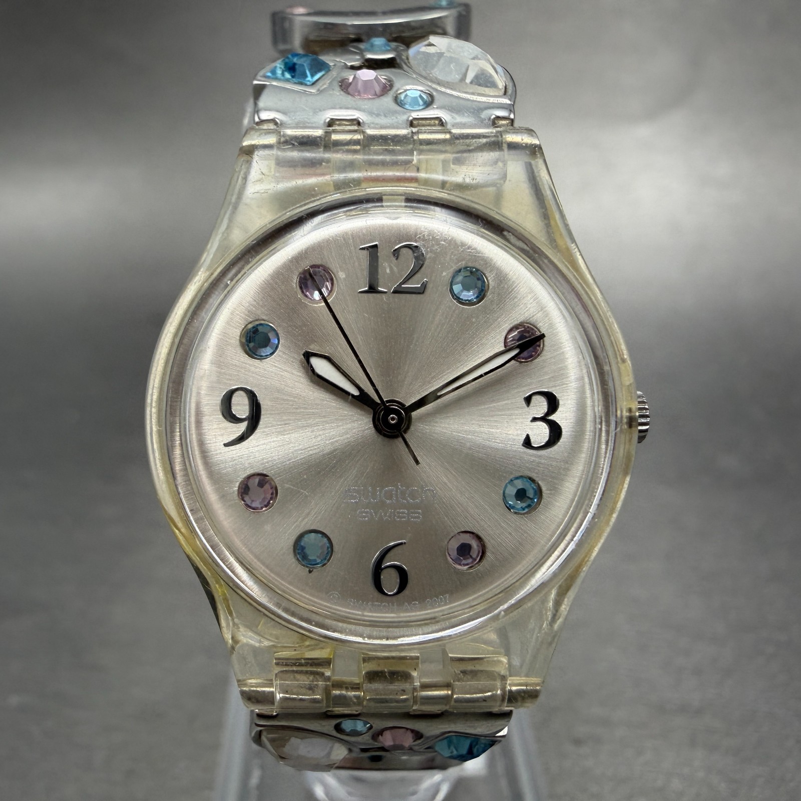 Swatch Menthol Tone Watch Women 25mm Silver Dial Clear Case LK292G New BatteryJK