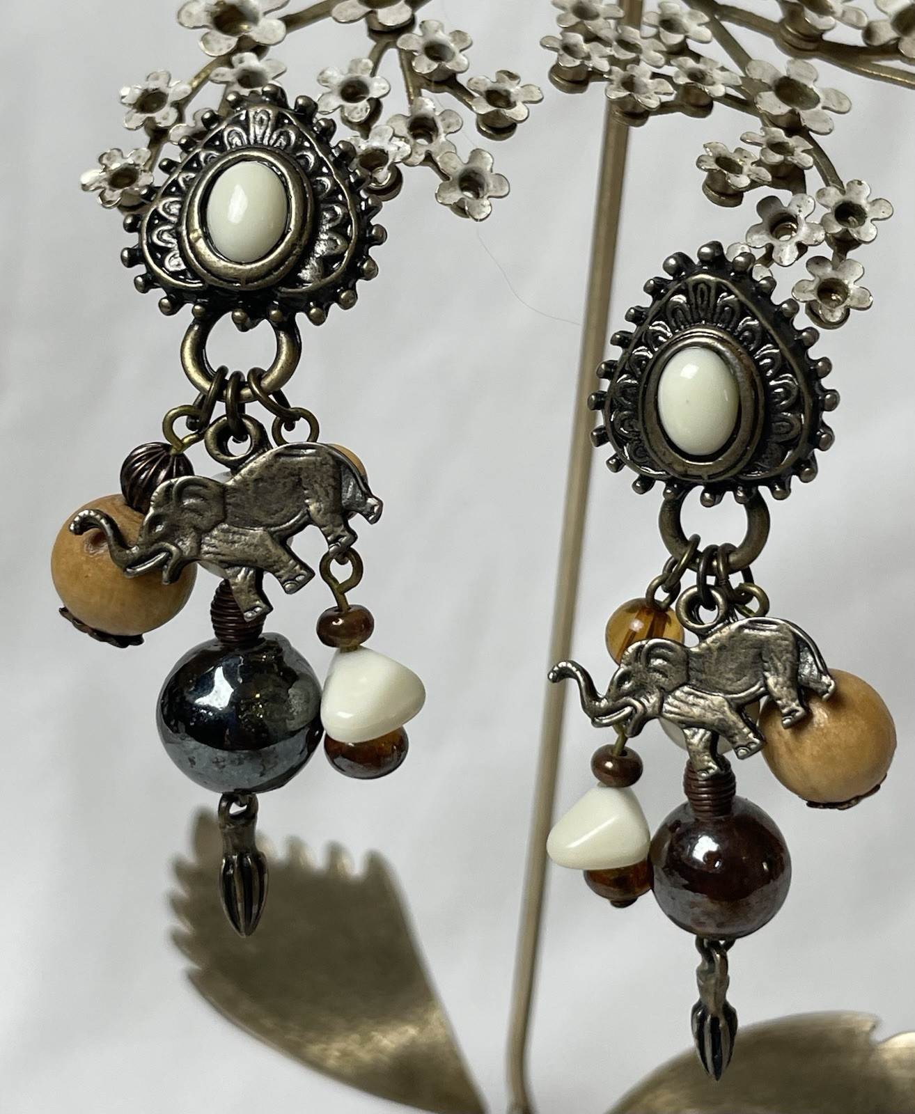 Vtg 70s Ornate Brass Dangling Earrings 2.5” Heart Elephant Wood Glass Beads Boho