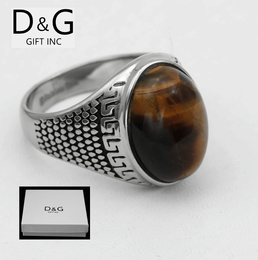 DG Men’s Stainless Steel Brown Tigers Eye High Polish.Ring #8.9,10,11,12 13 Box