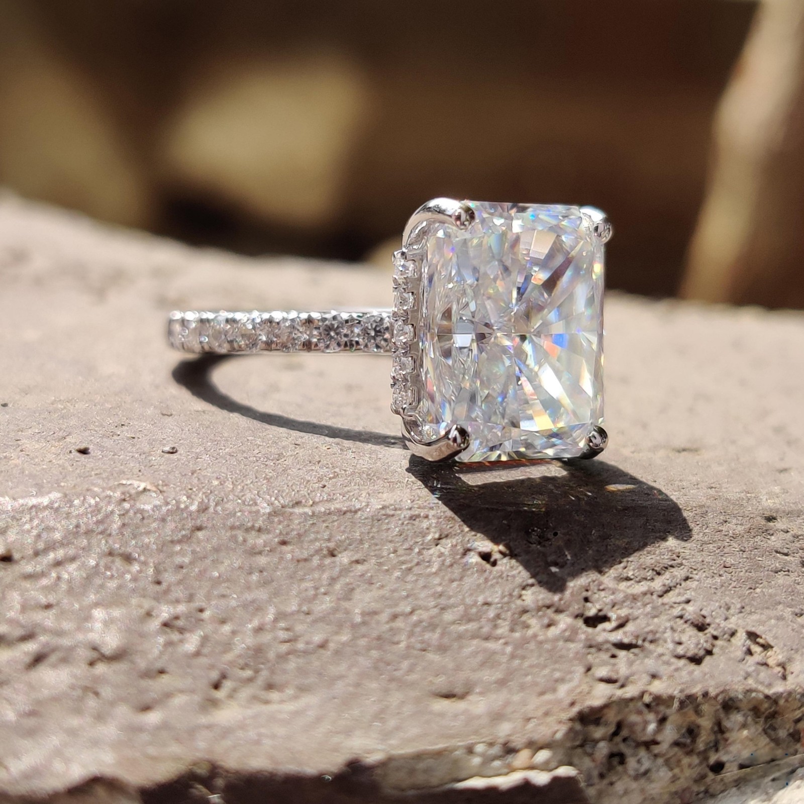 4.76CT Radiant Cut Crushed Ice Moissanite Ring Pave Engagement Ring