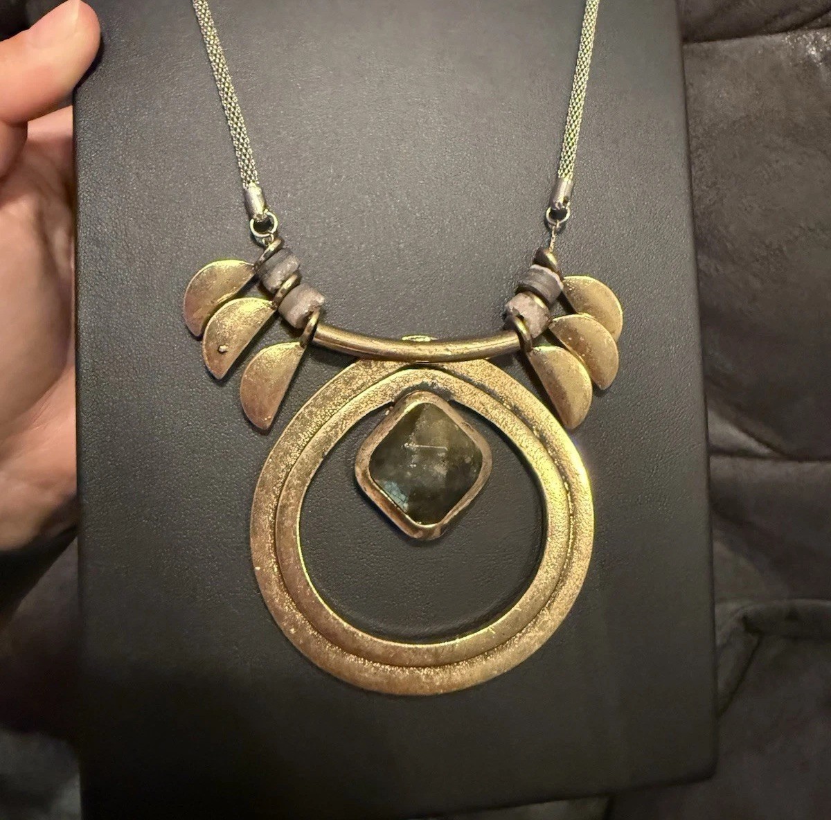 Long Labradorite Stone Necklace Striking Unique Mesh Chain Druzy Accents 37in