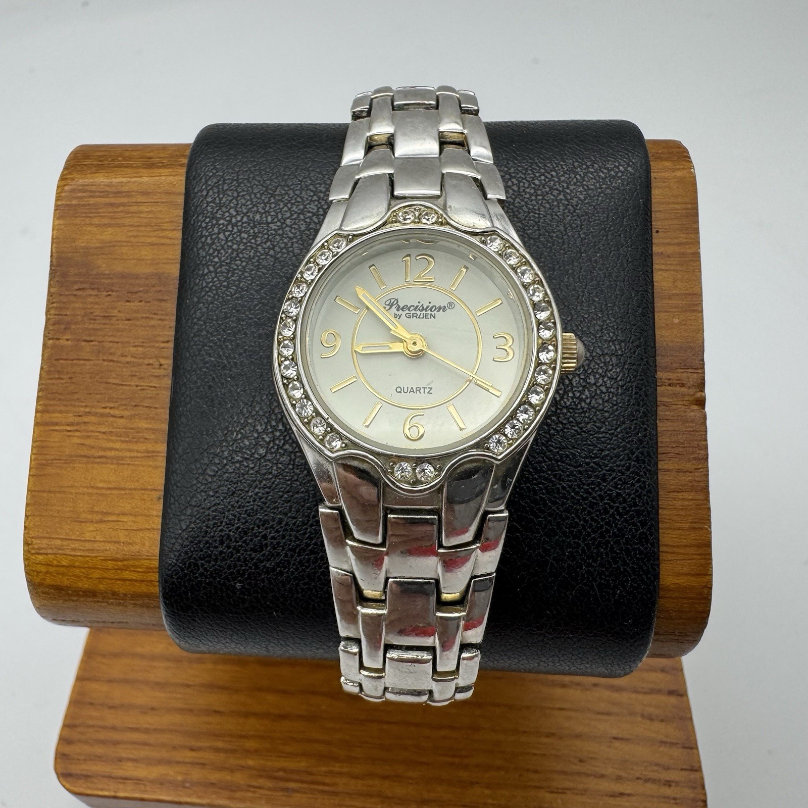 Ladies Precision GRUEN Silver Tone Crystal Bezel Watch, Gold Tone Numbers/Hands