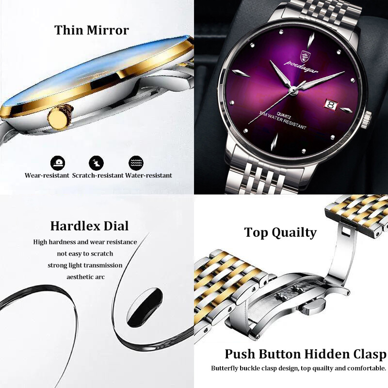 POEDAGAR Luxury Business Men’s Quartz Watch Slim 3Bar Luminous Date Stainless
