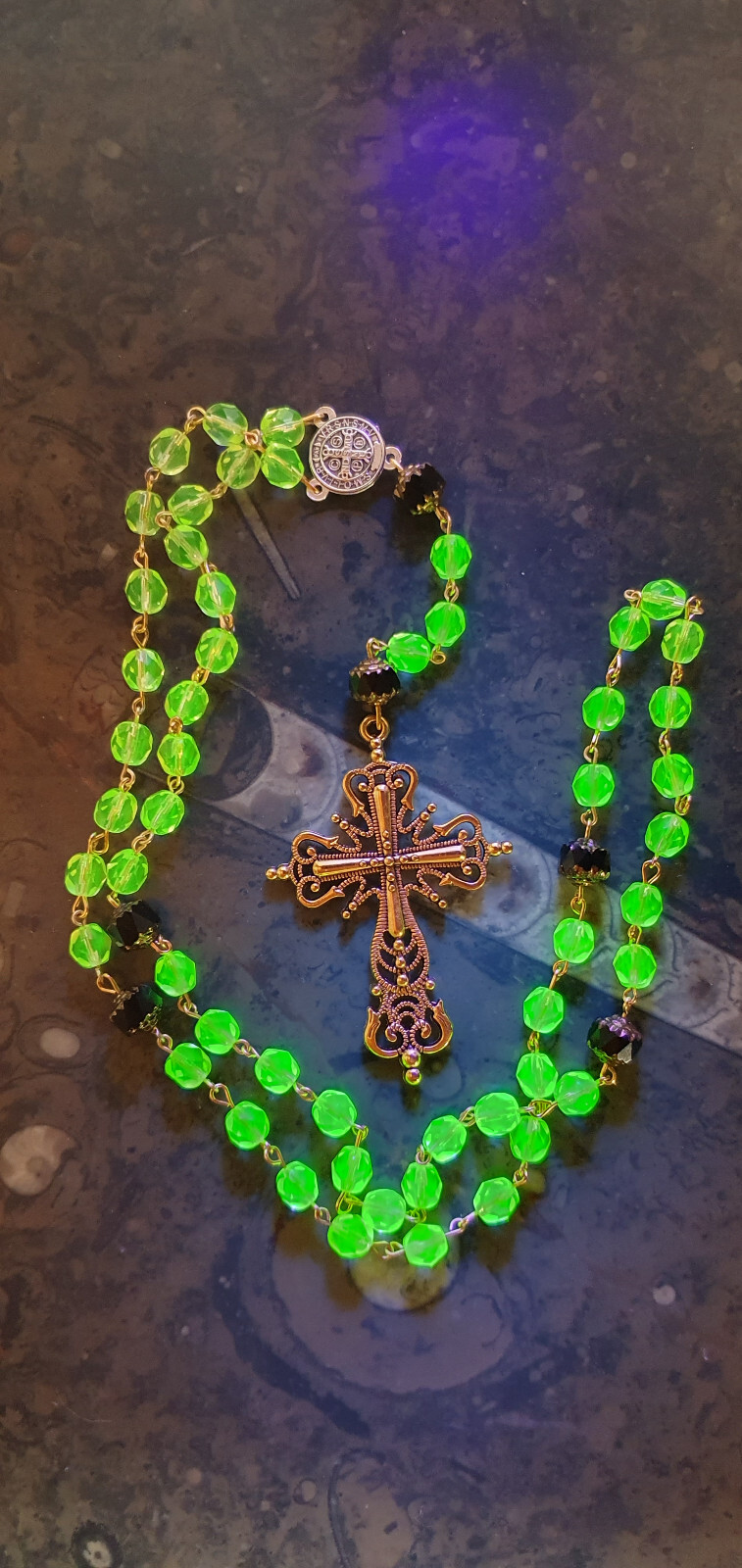 Rosary gothic cross czech uraniumglass beads vintage style jewelry #24067