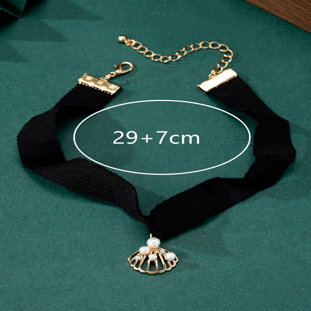 Black Velvet Choker Necklace Gold Hollow Shell Pendant Faux Pearl Rhinestone