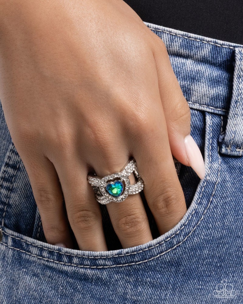Paparazzi Lovely Levels -Green – Rhinestones – UV Gem – Silver Crisscross ring