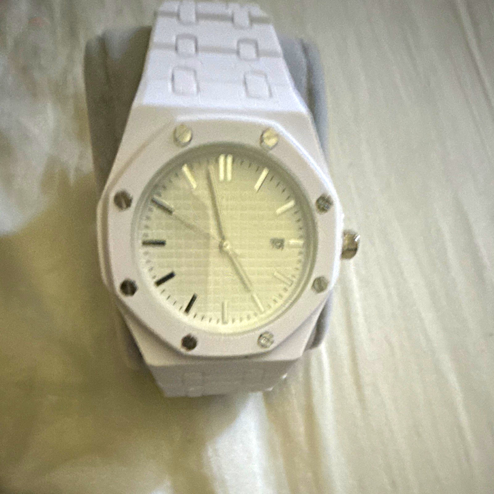Octagon Analog Wristwatch w/ Date, White Dial, Plastic Bracelet, Unisex