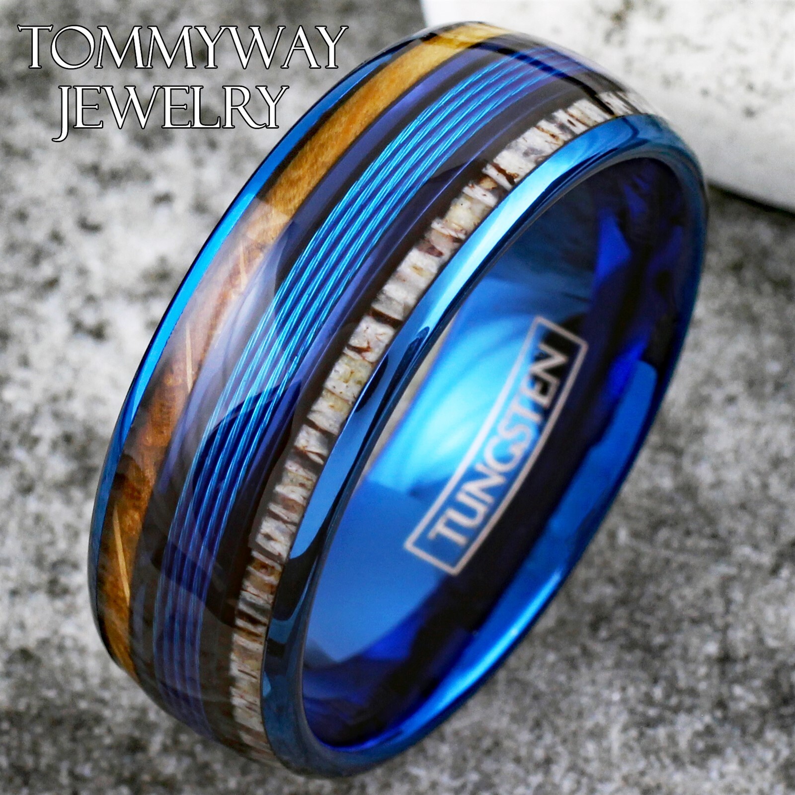 Blue Tungsten Men’s Ring Blue Fishing Line-Whiskey Barrel & Deer Antler Band