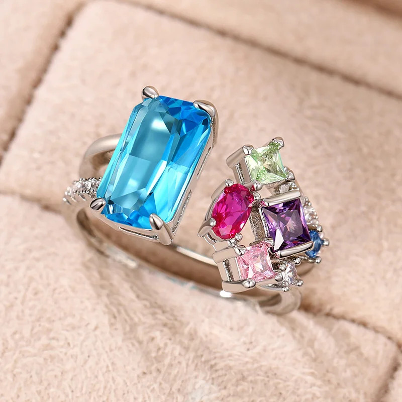 Colorful Geometric Band Ring Simulated Zirconia Silver Tone Adjustable Jewelry