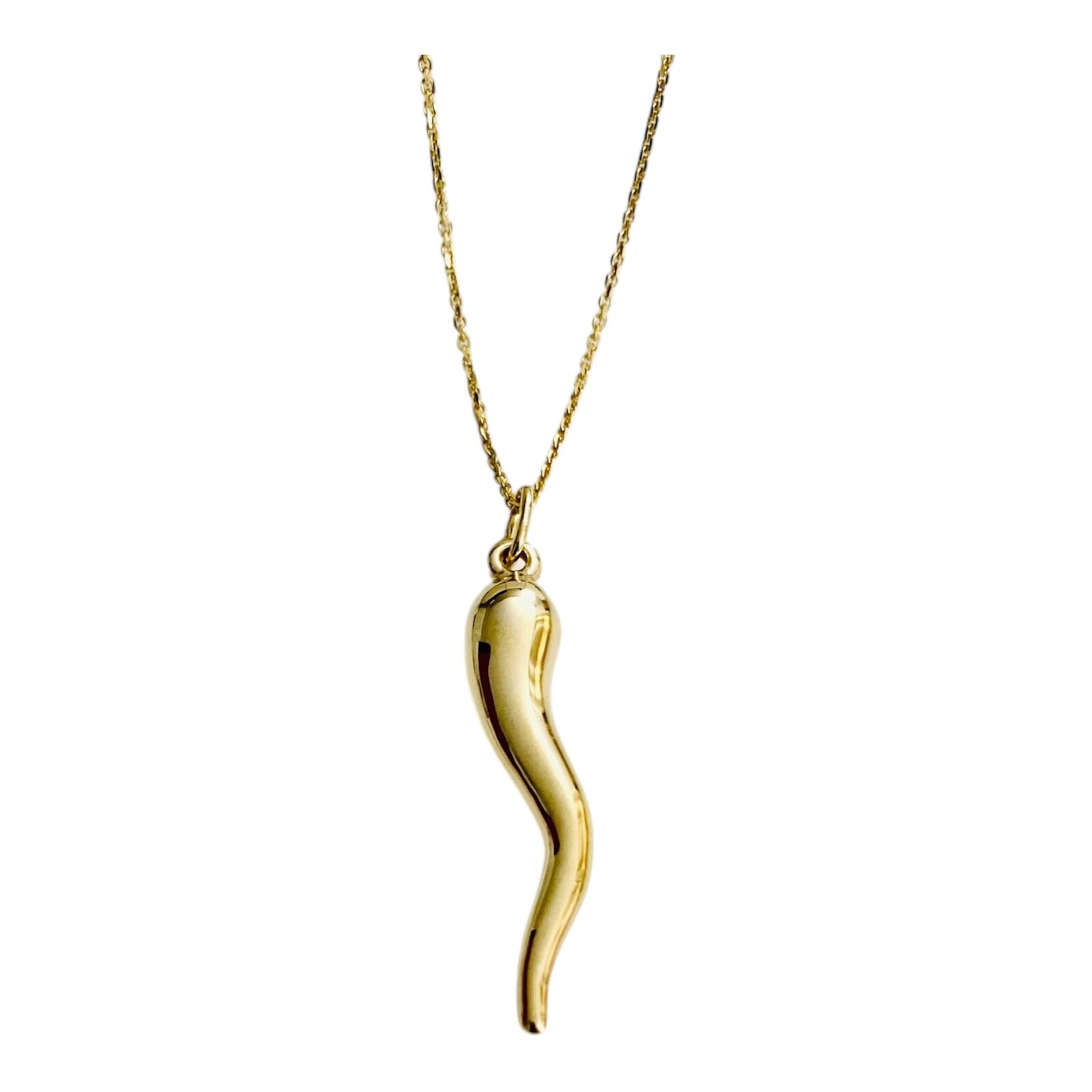 10K Real Gold Italian Horn, Cornicello, Chili 1.3″ Pendant / Necklace – C3041