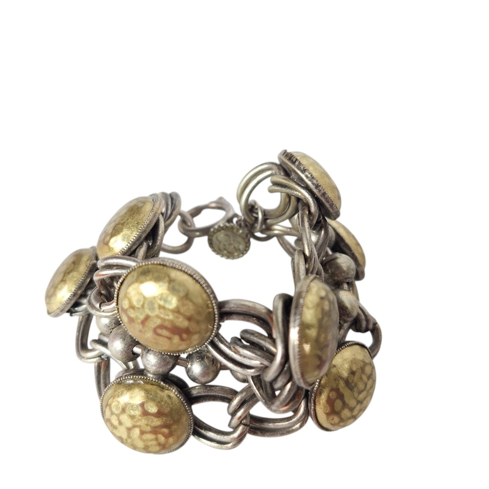 Jessica Simpson Silver Gold Hammered Cabochon Link Statement Bracelet Boho