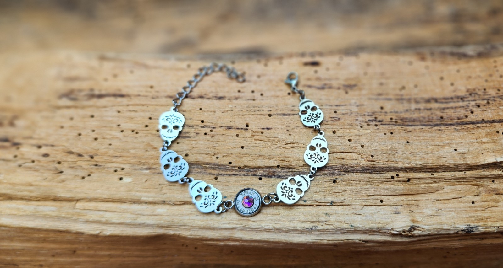 Stainless Steel Bracelet with Sugar Skulls and 9 mm bullet. Optional Color