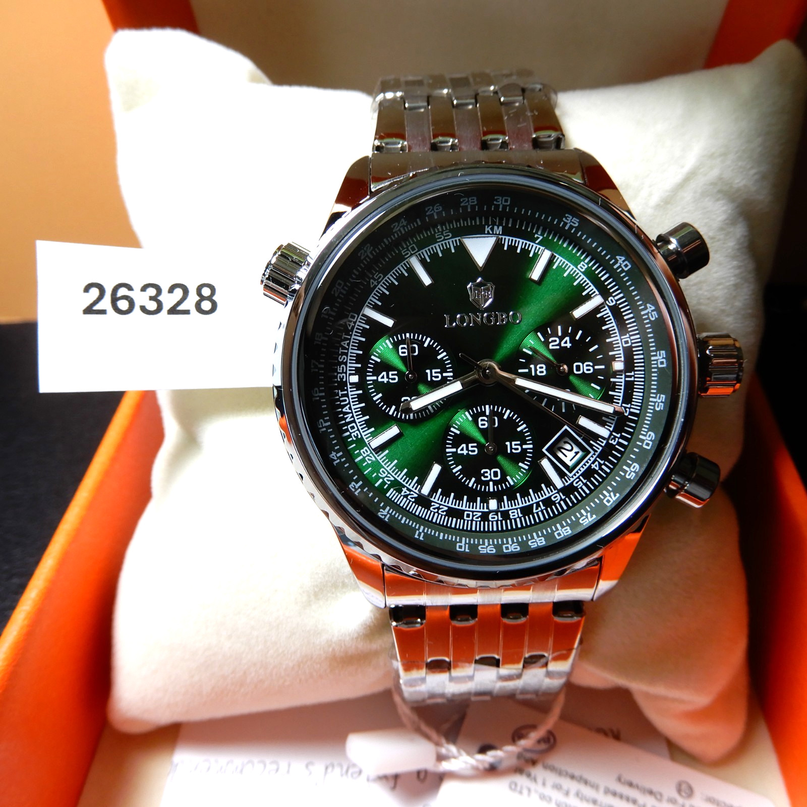 New! Great Price! Longbo Men Quartz Chronograph Watch-Green Dial-SS Band