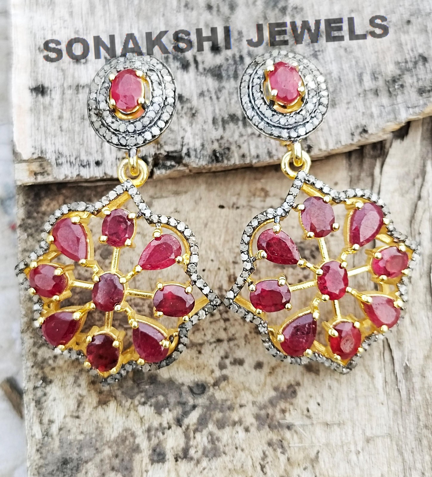 Designer Ruby Gemstone Earring Handmade Design Pave Diamond Earring