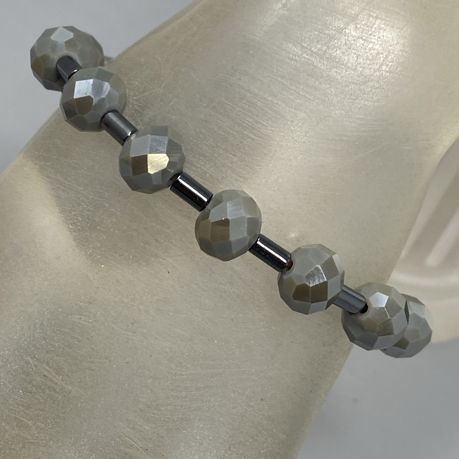 Gray Metallic Glass Bracelet Stretch Aurora Borealis Coated Faceted Tube Spacer